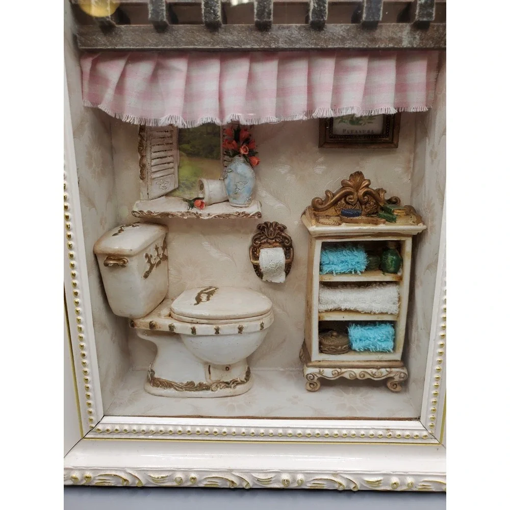 whimsical novelty quartz shadow box wall clock featuring a miniature bathroom...